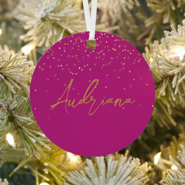 Pink Personalised Gold Name Glitter Sparkle Dots Metal Tree Decoration (Insitu)