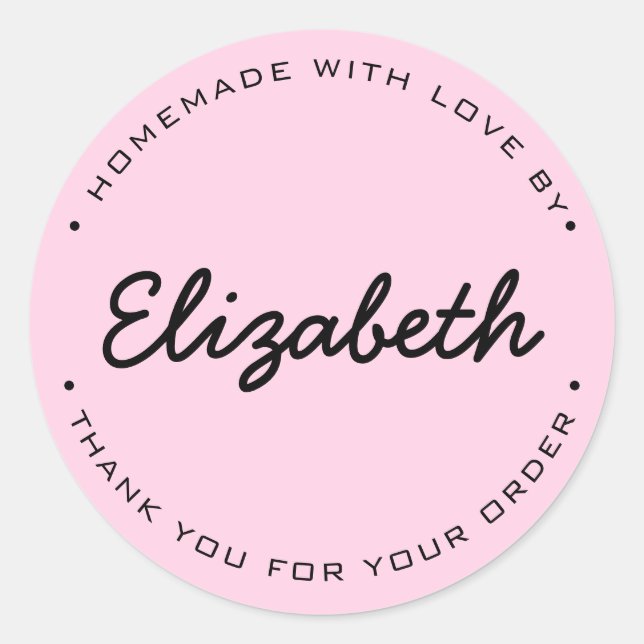 Pink Personalised Homemade with Love Thank you Classic Round Sticker (Front)