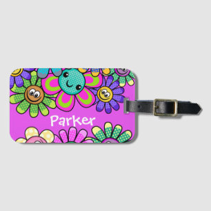 Pink Personalised Kids Smiling Flowers Luggage Tag