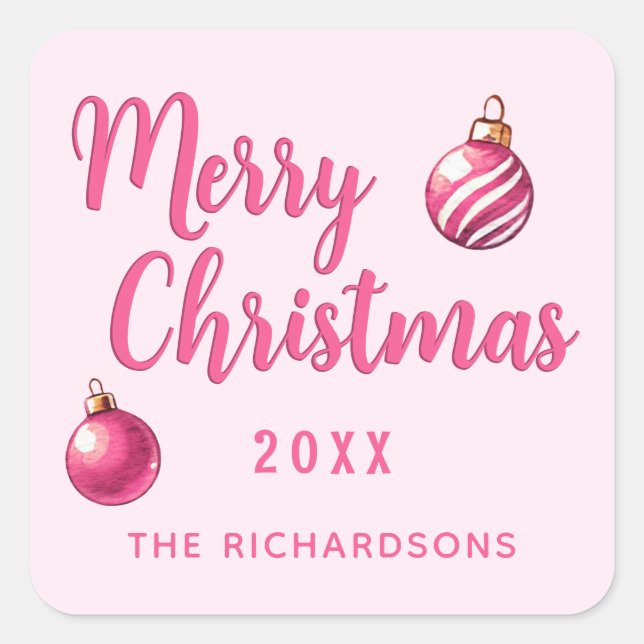 Pink Personalised Merry Christmas Square Sticker (Front)