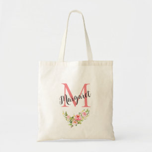 Pink Personalised Monogram Flowers Modern Elegant Tote Bag