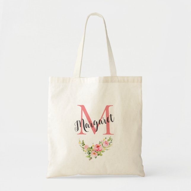 Pink Personalised Monogram Flowers  Modern Elegant Tote Bag (Front)