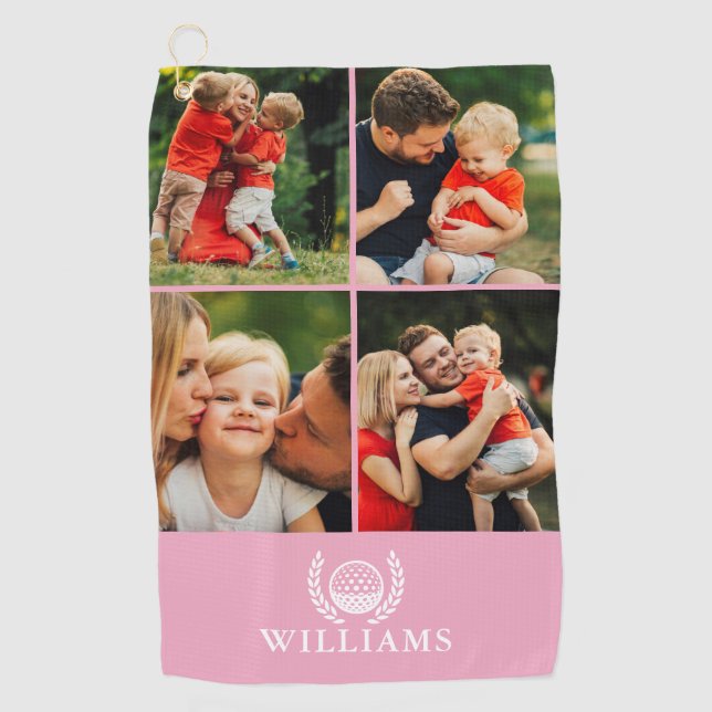 Pink Personalised Name Monogram 4 Photo Golf Towel (Front)