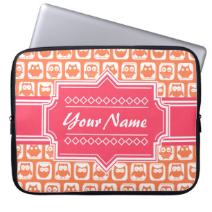 Pink Personalised Name Orange Owls Laptop Sleeve