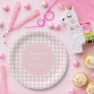 Pink Personalised Pastel Houndstooth Paper Plate