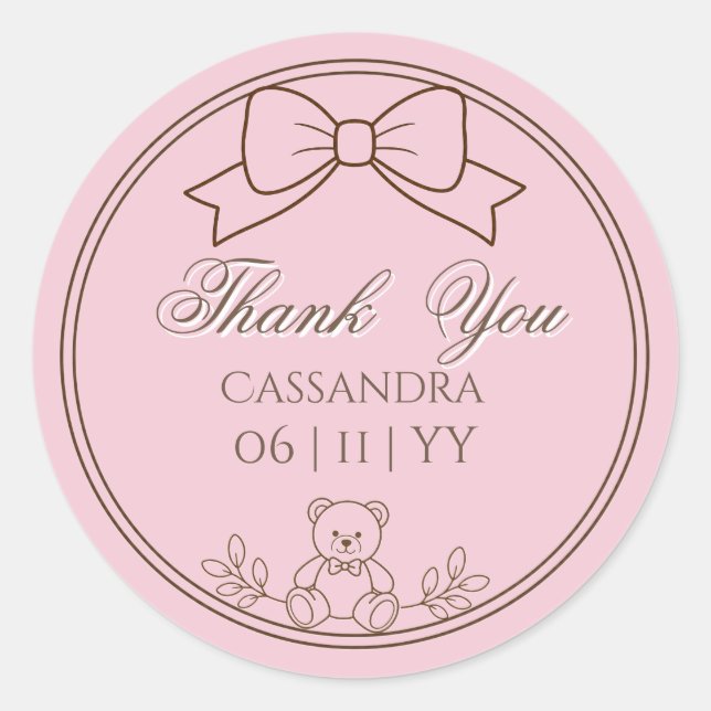 Pink Personalised Teddy Bear Bow Classic Round Sticker (Front)