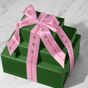 Pink Personalised Text with Holly Sprigs Holiday Satin Ribbon