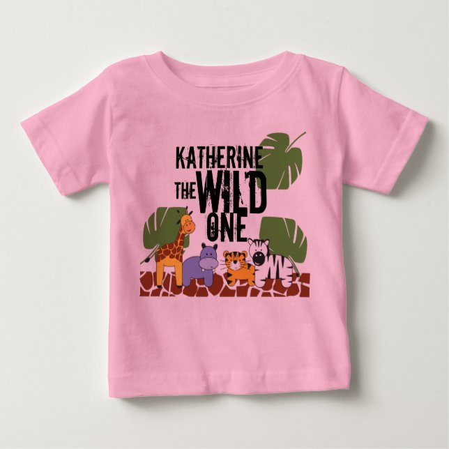 pink Personalised WILD ONE Safari First Birthday Baby T-Shirt (Front)