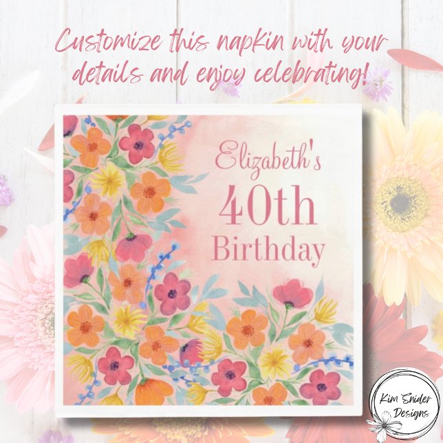 Pink Personalizable Watercolor Floral Birthday  Napkin (Creator Uploaded)