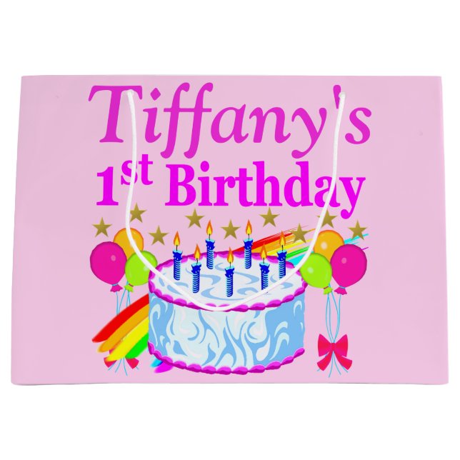 PINK PERSONALIZED 1ST BIRTHDAY CAKE GIFT BAG (Front)