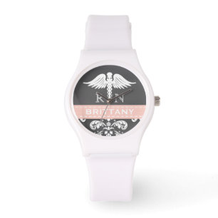 PINK PERSONALIZED NURSE RN CADUCEUS CHALKBOARD WATCH