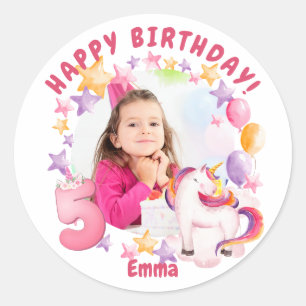 Pink Personalized Unicorn 5th Birthday Girl Classic Round Sticker