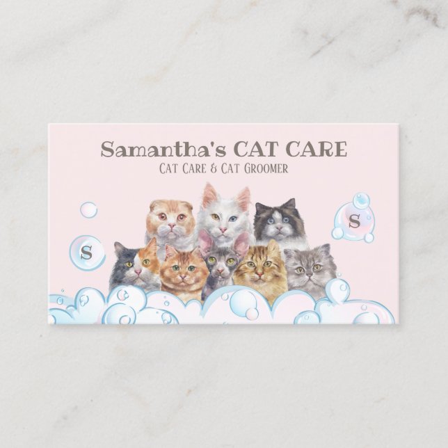 Pink Pet Care Spa Salon Sitting Bath Groomer Cat Business Card (Front)