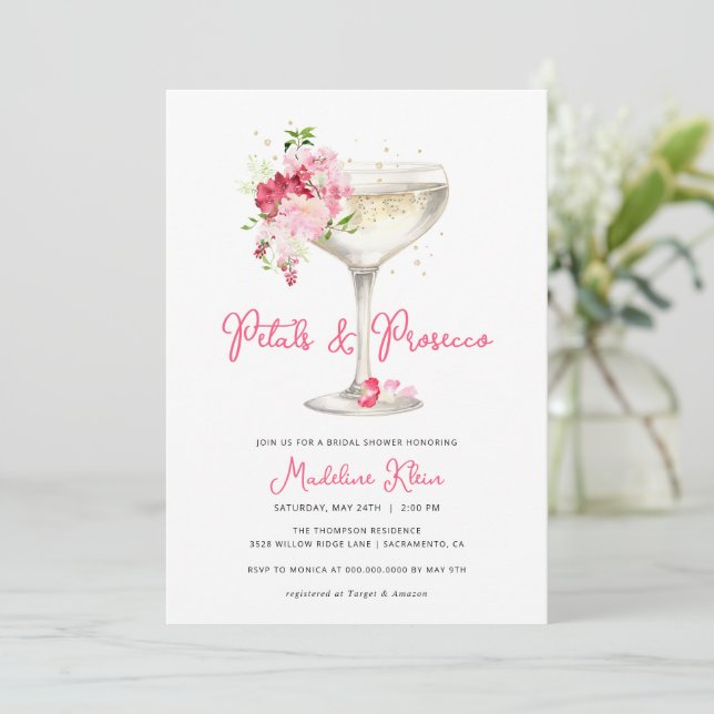 Pink Petals and Prosecco Bridal Shower Invitation (Standing Front)