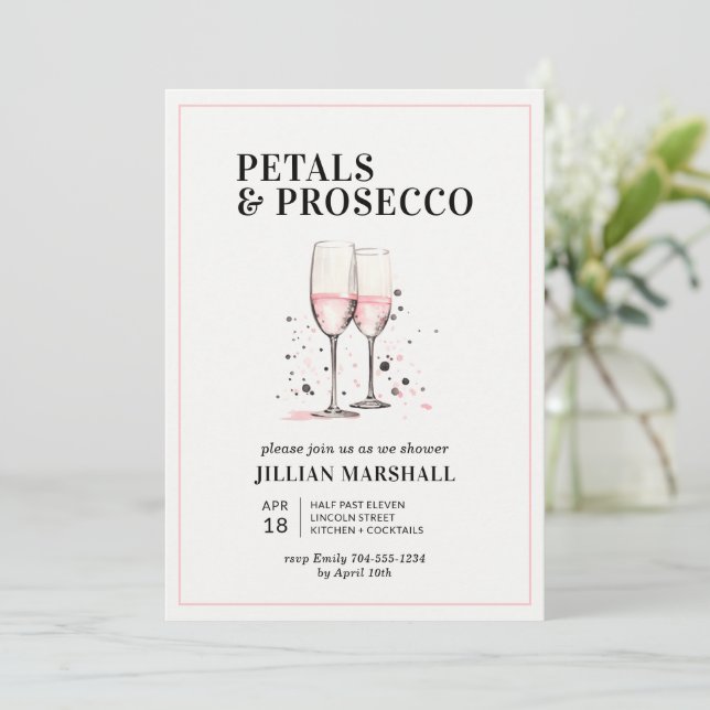 Pink Petals and Prosecco Bridal Shower Invitation (Standing Front)