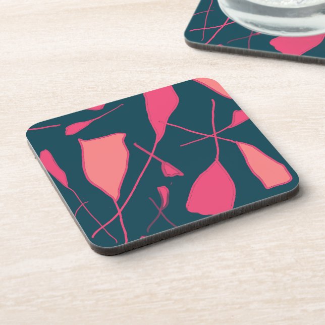 Pink petals over black surface beverage coaster (Left Side)