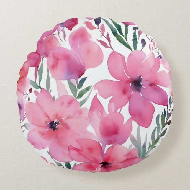 Pink Petals | Watercolor Floral Painted Flowers Round Cushion (Front)