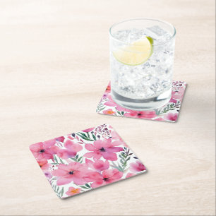 Pink Petals Watercolor Floral Painted Flowers Square Paper Coaster