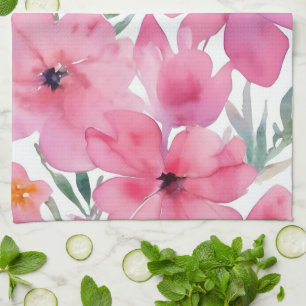 Pink Petals Watercolor Floral Painted Flowers Tea Towel