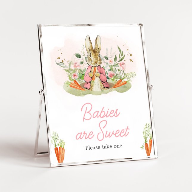 Pink Peter Rabbit Baby Shower Babies are Sweet Poster (A Little Bunny Spring Baby Shower Babies are Sweet Sign)