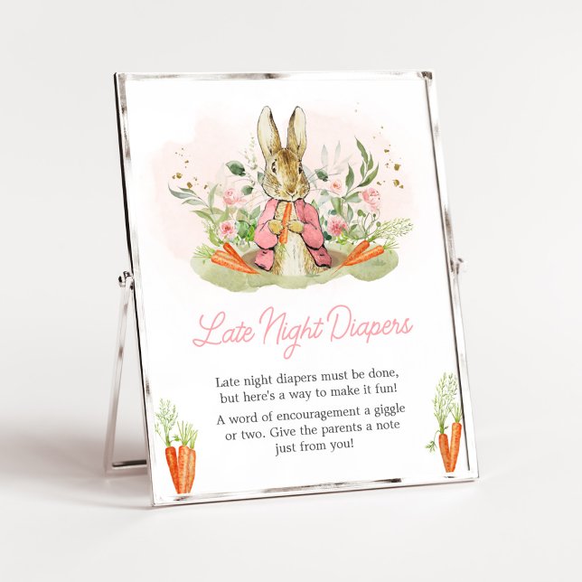 Pink Peter Rabbit Baby Shower Late Night Diapers Poster (A Little Bunny Spring Baby Shower Late Night Diapers Sign)