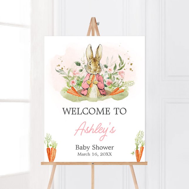 Pink Peter Rabbit Baby Shower Welcome Poster (A Little Bunny Spring Baby Shower Welcome Sign)