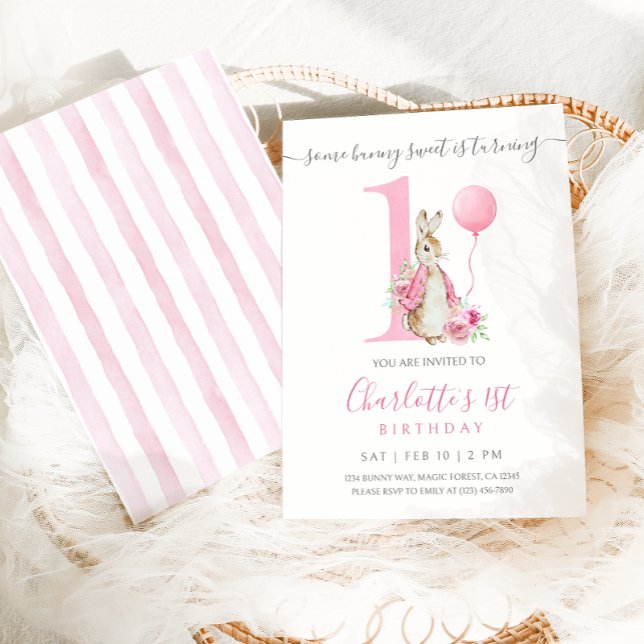 Pink Peter Rabbit First Birthday Invitation (Creator Uploaded)