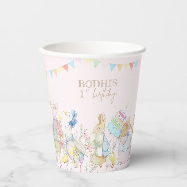 Pink Peter the Rabbit First Birthday Paper Cups (Front)