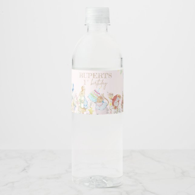 Pink Peter the Rabbit First Birthday Water Bottle Label (Front)