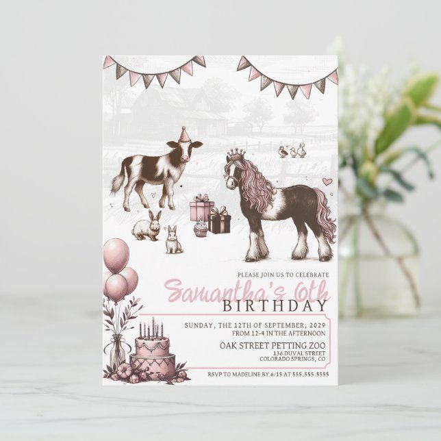 Pink Petting Zoo Birthday Party Invitation (Standing Front)