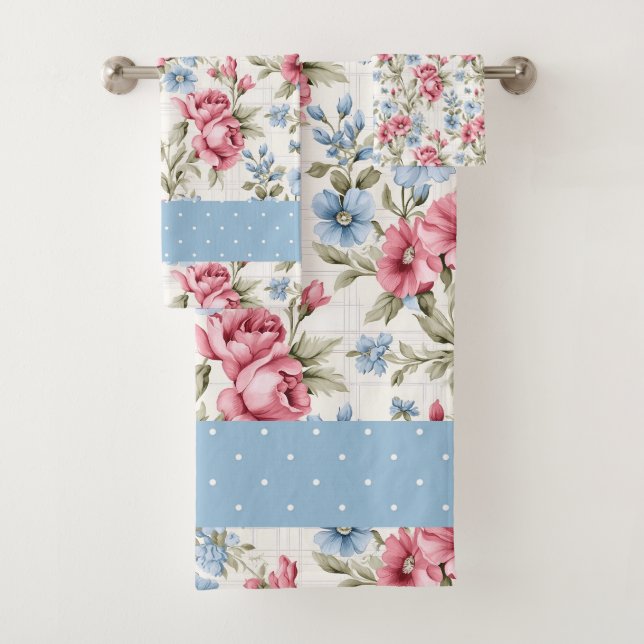Pink Petunias and Sky Blue Daisies   Bath Towel Set (Insitu)