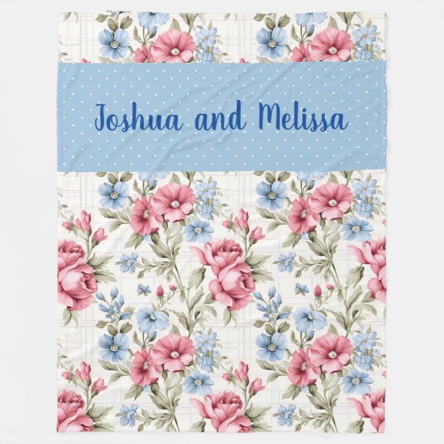 Pink Petunias and Sky Blue Daisies - Polka Dots  Fleece Blanket (Front)