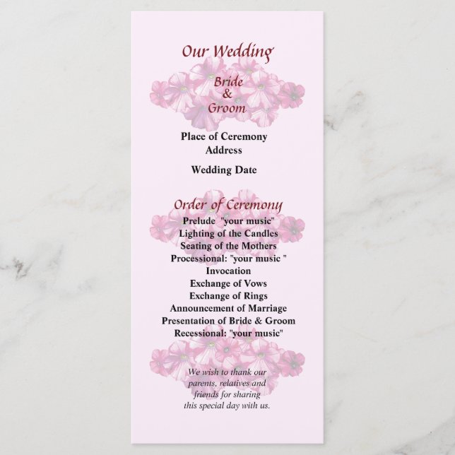 Pink Petunias Wedding Program (Front)