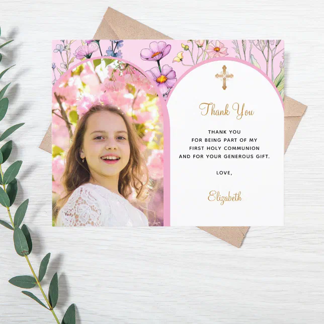 Pink photo arch floral Confirmation Thank You card | Zazzle