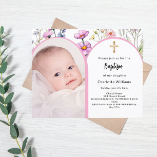 Pink photo arch florals girl Baptism invitation
