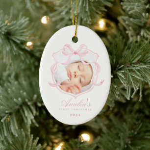 Pink Photo Baby Girl First Christmas Ceramic Ornament