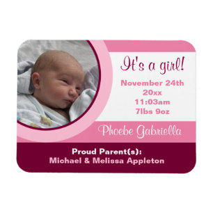 Pink Photo Birth Announcement Flexible Flat Magnet