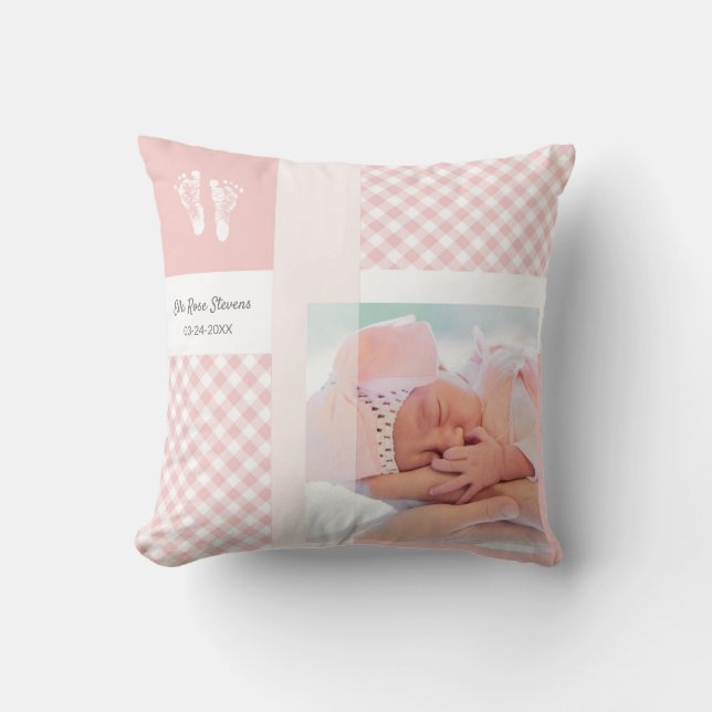 Pink Photo Birth Announcement Gingham Footprints Cushion (Front)