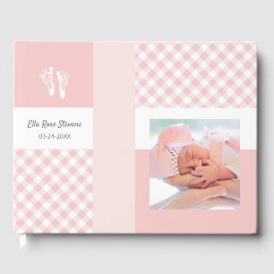 Pink Photo Birth Announcement Gingham Footprints Guest Book