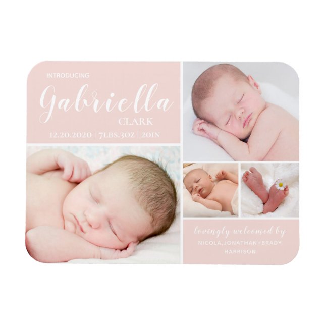 Pink Photo Collage Baby Girl Birth Announcement Magnet (Horizontal)