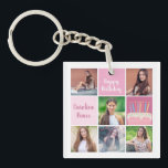 Pink Photo Collage Custom Women's Birthday Party Key Ring<br><div class="desc">Pretty custom women's birthday party keychain with a 6 photo template collage of a young woman or teenage girl with her name on the cute pink squares next to a beautiful birthday cake. Personalised girly Happy Birthday gift.</div>