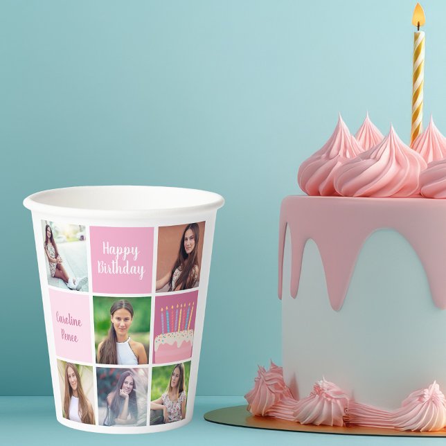 Pink Photo Collage Custom Women's Birthday Party Paper Cups (Creator Uploaded)