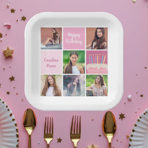 Pink Photo Collage Custom Women's Birthday Party Paper Plate