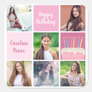 Pink Photo Collage Custom Women's Birthday Party Square Sticker