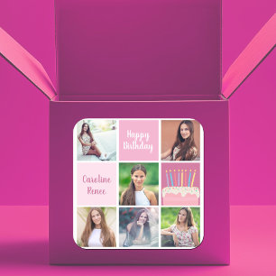 Pink Photo Collage Custom Women's Birthday Party Square Sticker
