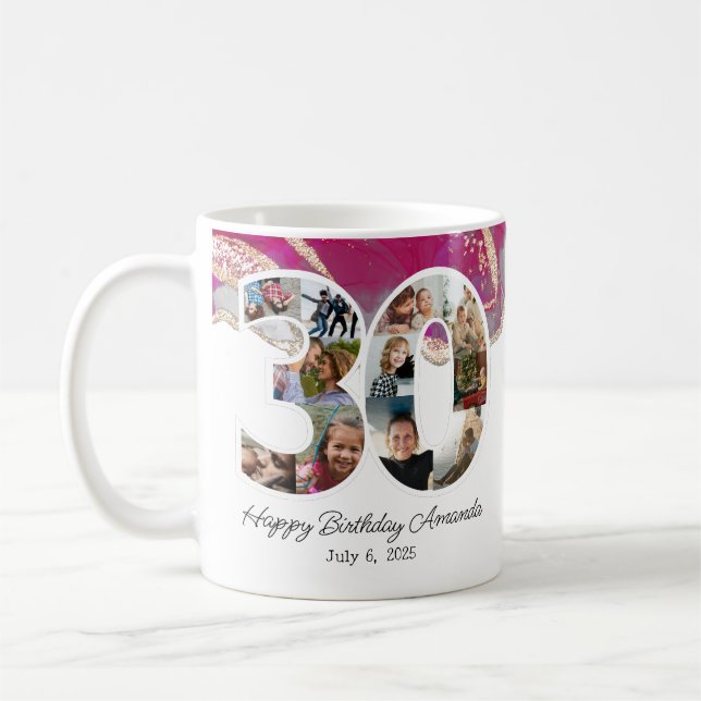 Pink Photo Collage Number 30 - 30th Birthday Coffee Mug (Left)