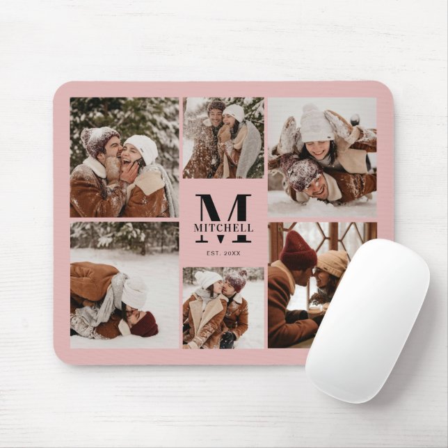 Pink Photo Collage Personalised Monogram Gift Mouse Pad (With Mouse)