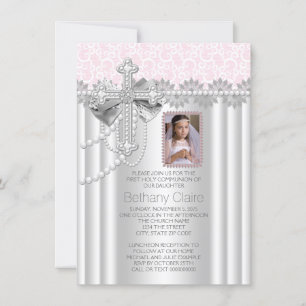 Pink Photo First Communion Lace Cross Invitation