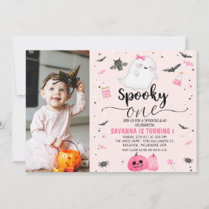 Pink Photo Ghost Spooky One Halloween 1st Birthday Invitation