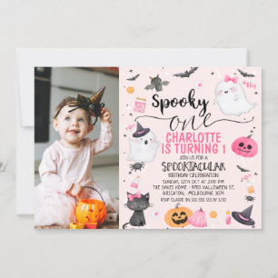 Pink Photo Girls Spooky One Halloween 1st Birthday Invitation